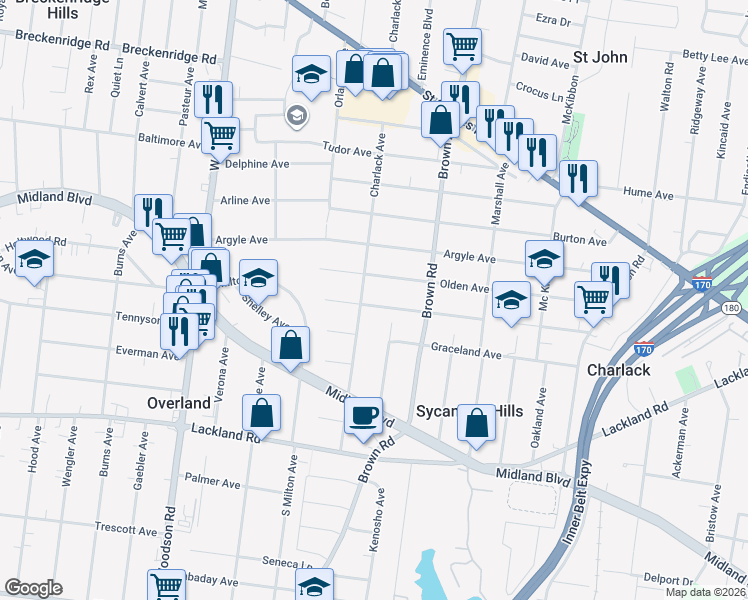 map of restaurants, bars, coffee shops, grocery stores, and more near 8963 Forest Avenue in Overland