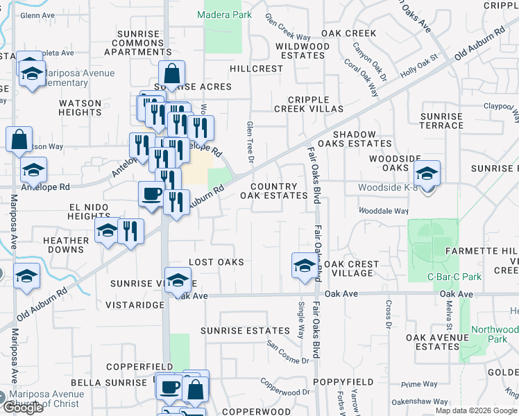 map of restaurants, bars, coffee shops, grocery stores, and more near 7519 Chipmunk Way in Citrus Heights
