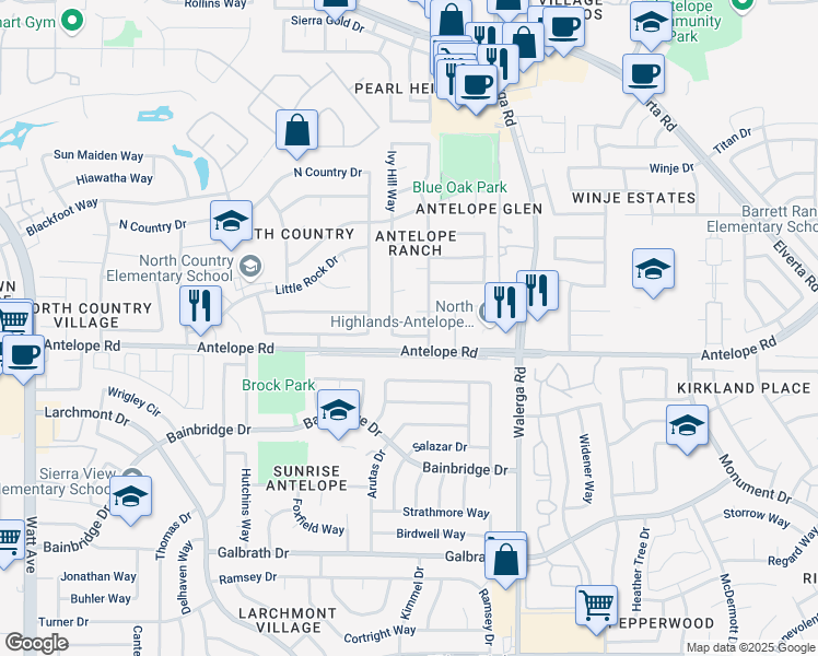 map of restaurants, bars, coffee shops, grocery stores, and more near 7612 Zephyr Hills Way in Antelope
