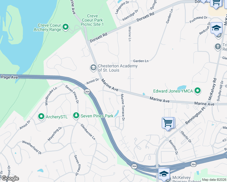 map of restaurants, bars, coffee shops, grocery stores, and more near 2144 Riding Spur Drive in St. Louis