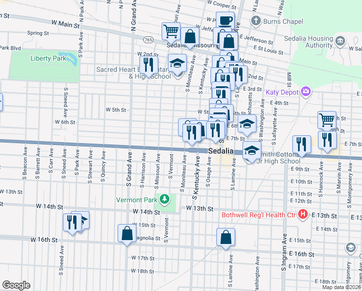 map of restaurants, bars, coffee shops, grocery stores, and more near 400 West Broadway Boulevard in Sedalia