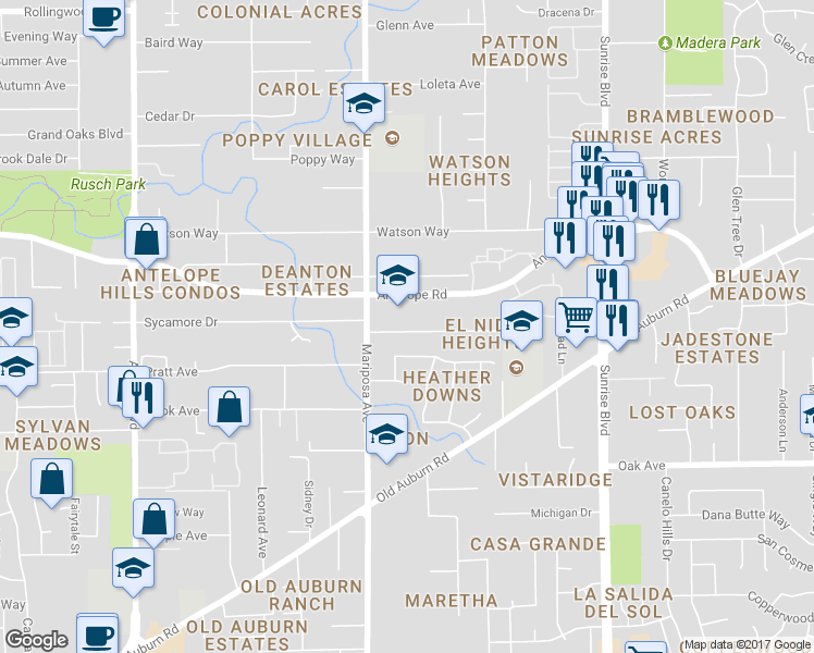 map of restaurants, bars, coffee shops, grocery stores, and more near 7731 Sycamore Drive in Citrus Heights