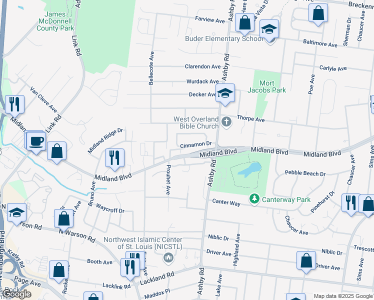 map of restaurants, bars, coffee shops, grocery stores, and more near 10520 Cinnamon Drive in Saint Louis
