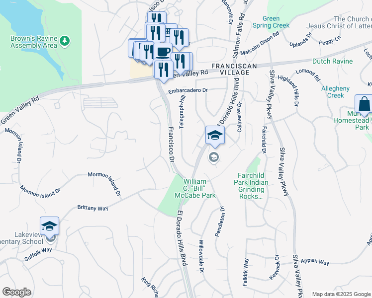 map of restaurants, bars, coffee shops, grocery stores, and more near 2401 Telegraph-Hill in El Dorado Hills