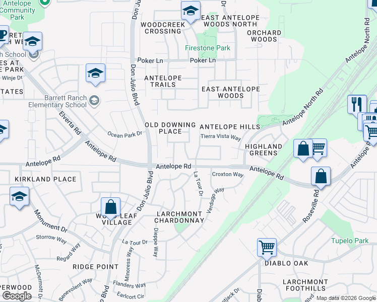 map of restaurants, bars, coffee shops, grocery stores, and more near 7620 Luzern Way in Antelope