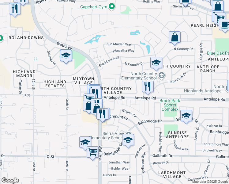 map of restaurants, bars, coffee shops, grocery stores, and more near 3550 Caballero Lane in Antelope