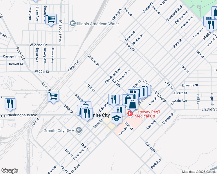 map of restaurants, bars, coffee shops, grocery stores, and more near 2137 Delmar Avenue in Granite City
