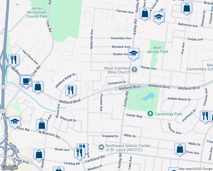 map of restaurants, bars, coffee shops, grocery stores, and more near 10535 Midland Boulevard in St. Louis
