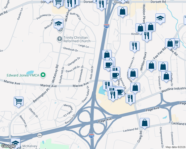 map of restaurants, bars, coffee shops, grocery stores, and more near 1252 Roth Hill Drive in Maryland Heights