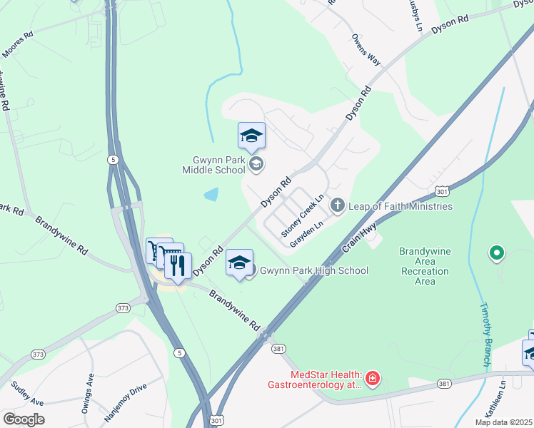 map of restaurants, bars, coffee shops, grocery stores, and more near 8011 Grayden Lane in Brandywine