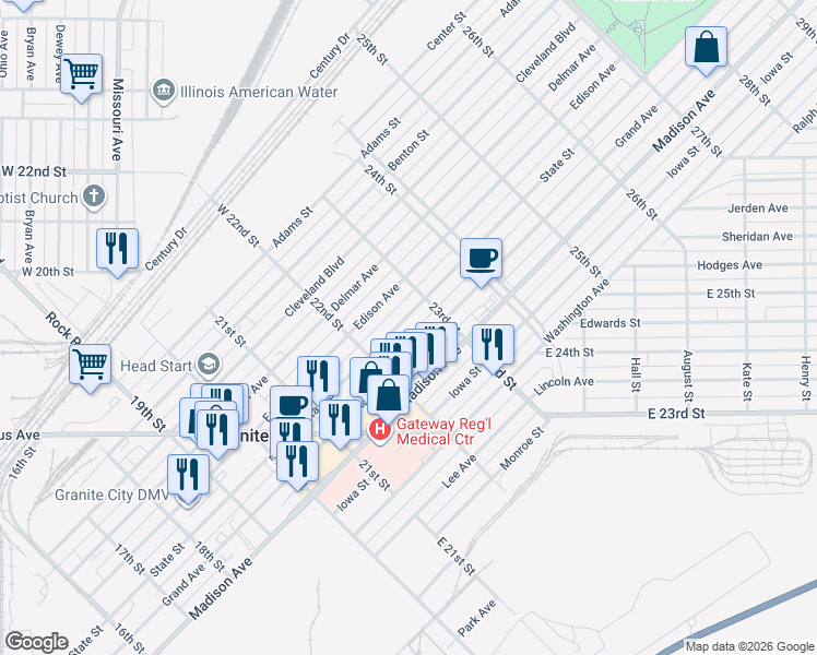 map of restaurants, bars, coffee shops, grocery stores, and more near 2237 Grand Avenue in Granite City