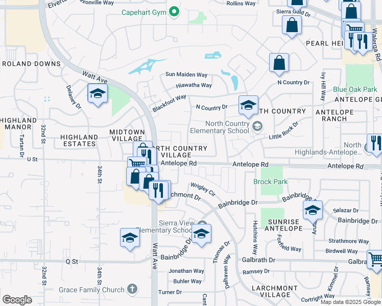 map of restaurants, bars, coffee shops, grocery stores, and more near 3600 Comanche Way in Sacramento