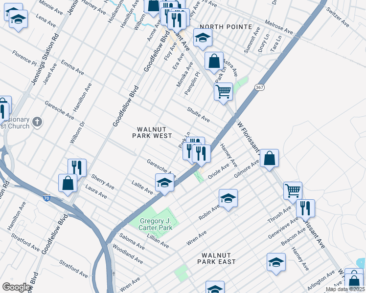 map of restaurants, bars, coffee shops, grocery stores, and more near 5937 Lucille Avenue in St. Louis