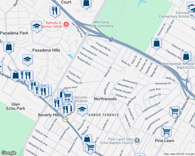 map of restaurants, bars, coffee shops, grocery stores, and more near 4401 Colonial Avenue in St. Louis