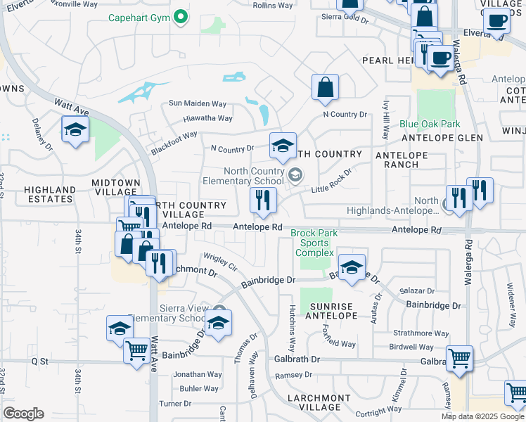 map of restaurants, bars, coffee shops, grocery stores, and more near 7612 Feather Court in Antelope