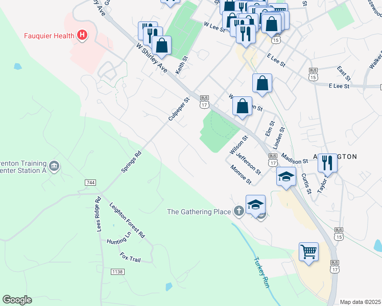 map of restaurants, bars, coffee shops, grocery stores, and more near 90 Brookshire Drive in Warrenton