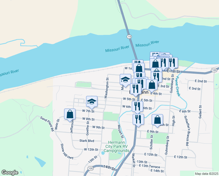 map of restaurants, bars, coffee shops, grocery stores, and more near 233 West 4th Street in Hermann