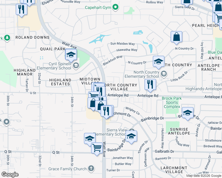 map of restaurants, bars, coffee shops, grocery stores, and more near 3550 Caballero Lane in Antelope