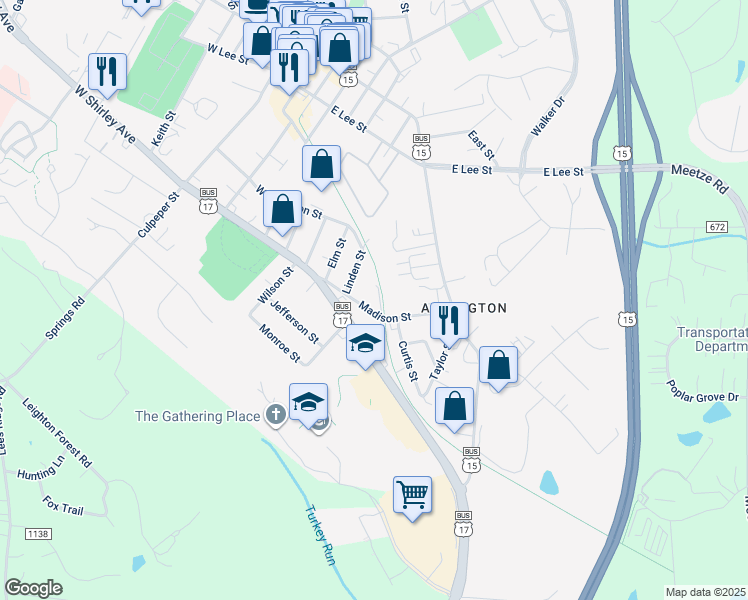 map of restaurants, bars, coffee shops, grocery stores, and more near 114 Madison Street in Warrenton