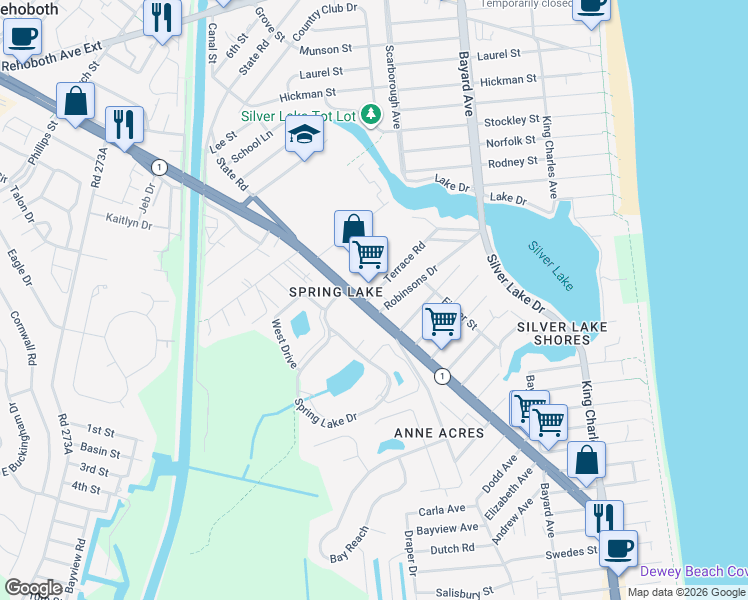 map of restaurants, bars, coffee shops, grocery stores, and more near 20747 Delaware 1 in Rehoboth Beach