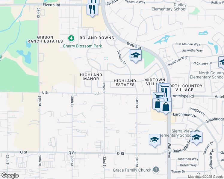map of restaurants, bars, coffee shops, grocery stores, and more near 3230 Langley Way in Antelope