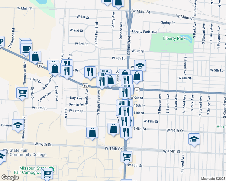 map of restaurants, bars, coffee shops, grocery stores, and more near 1981 West Broadway Boulevard in Sedalia