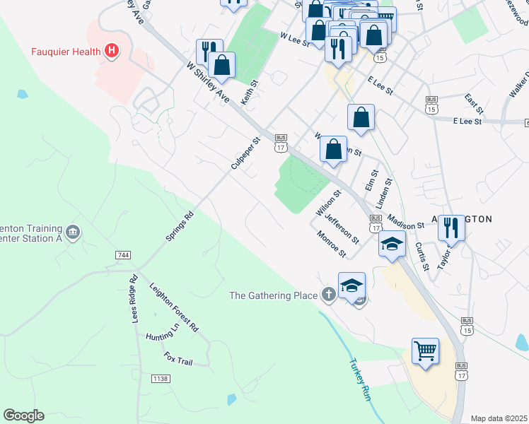 map of restaurants, bars, coffee shops, grocery stores, and more near 90 Brookshire Drive in Warrenton