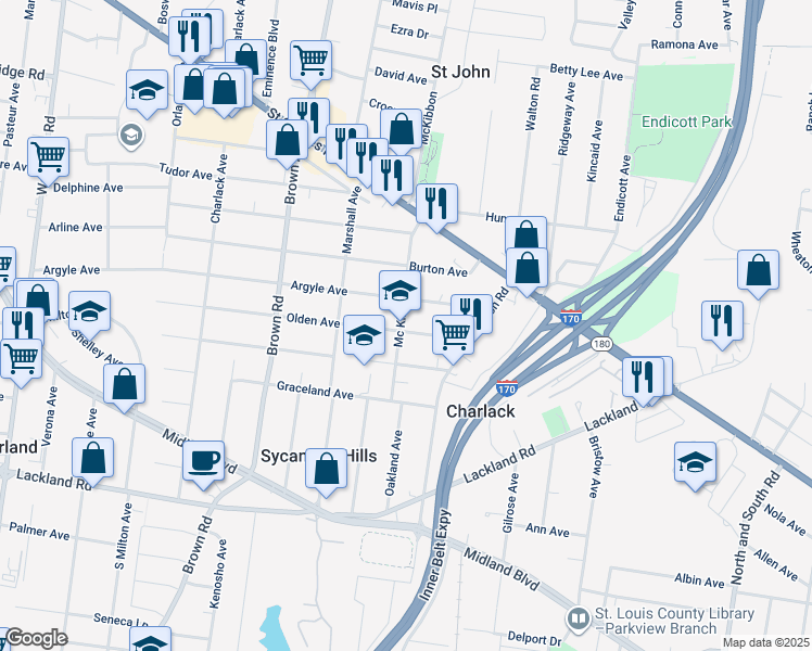map of restaurants, bars, coffee shops, grocery stores, and more near 8673 Olden Avenue in St. Louis