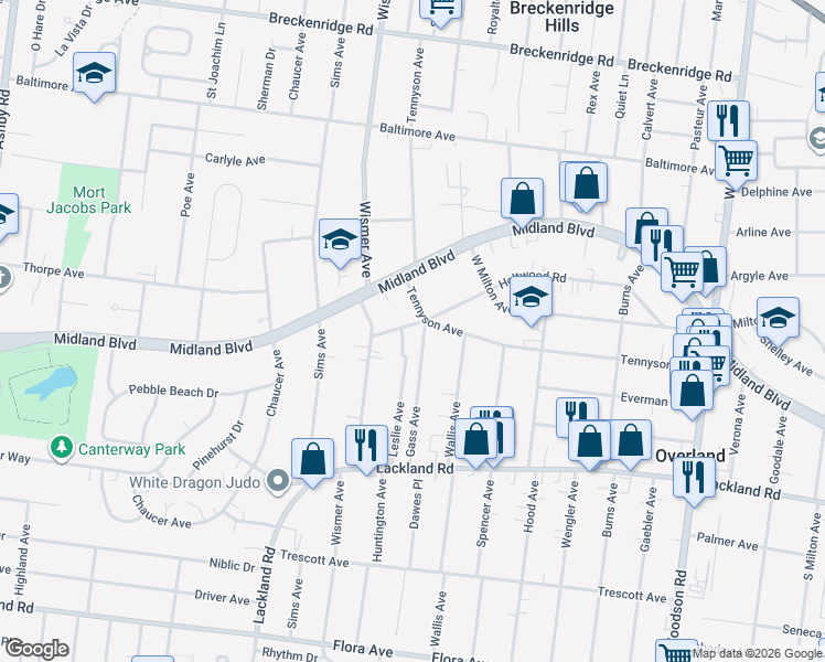 map of restaurants, bars, coffee shops, grocery stores, and more near 9706 Holtwood Road in Overland