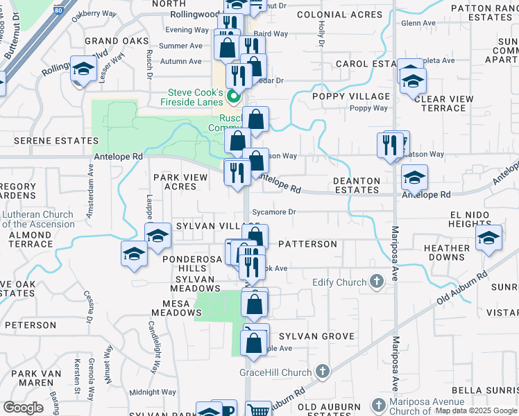 map of restaurants, bars, coffee shops, grocery stores, and more near 7640 Auburn Boulevard in Citrus Heights