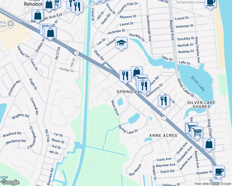 map of restaurants, bars, coffee shops, grocery stores, and more near 20602 Quillen Road in Rehoboth Beach