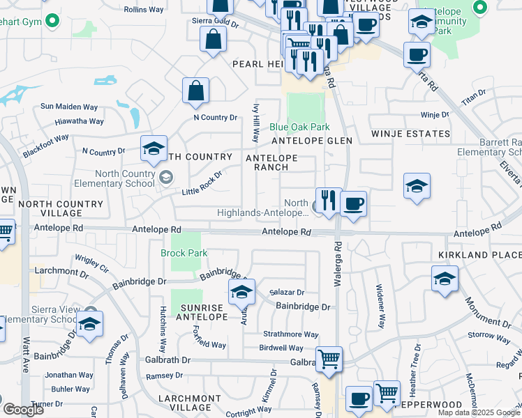 map of restaurants, bars, coffee shops, grocery stores, and more near 7612 Zephyr Hills Way in Antelope