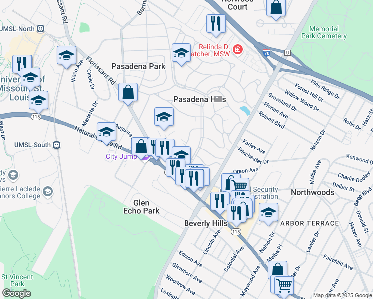 map of restaurants, bars, coffee shops, grocery stores, and more near 7311 Pasadena Boulevard in St. Louis
