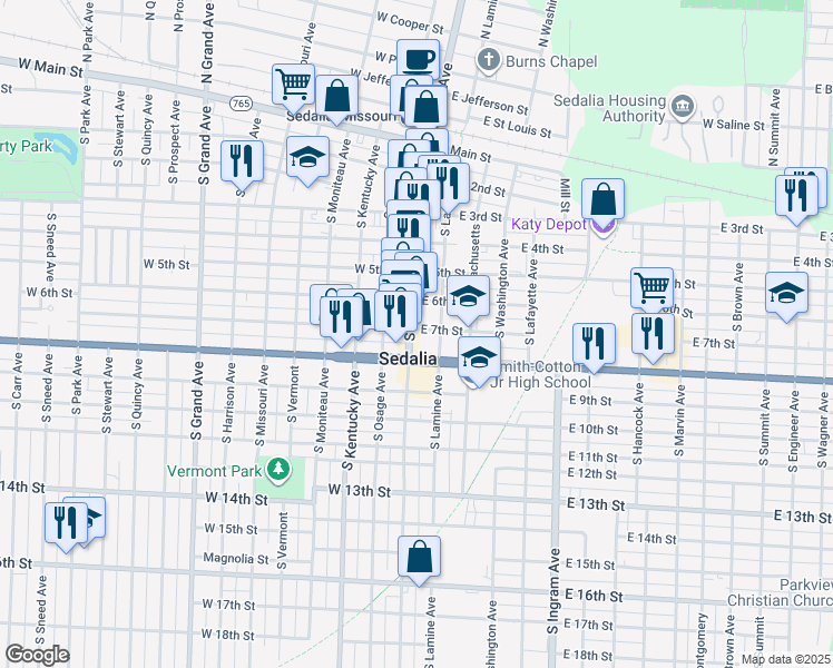 map of restaurants, bars, coffee shops, grocery stores, and more near in Sedalia
