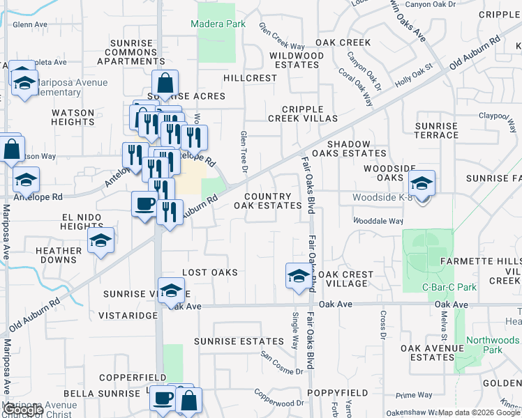 map of restaurants, bars, coffee shops, grocery stores, and more near 7519 Chipmunk Way in Citrus Heights