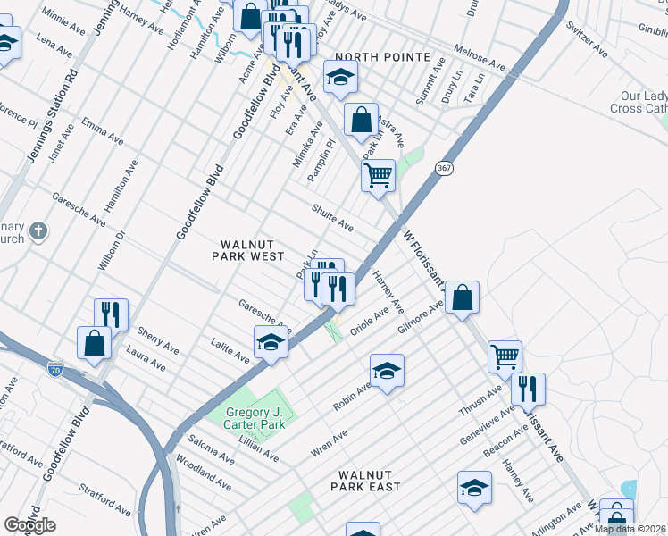 map of restaurants, bars, coffee shops, grocery stores, and more near 5900 Emma Avenue in St. Louis