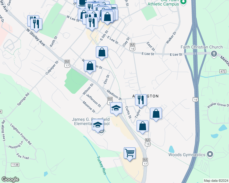 map of restaurants, bars, coffee shops, grocery stores, and more near 130 Madison Street in Warrenton