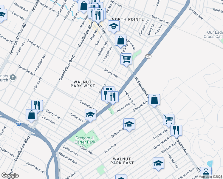 map of restaurants, bars, coffee shops, grocery stores, and more near 5900 Emma Avenue in St. Louis