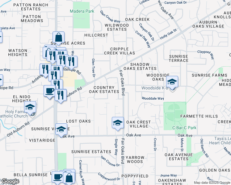 map of restaurants, bars, coffee shops, grocery stores, and more near 8674 Blue Jay Way in Citrus Heights