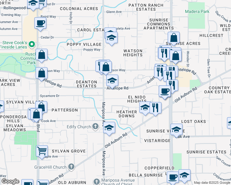map of restaurants, bars, coffee shops, grocery stores, and more near 7731 Sycamore Drive in Citrus Heights