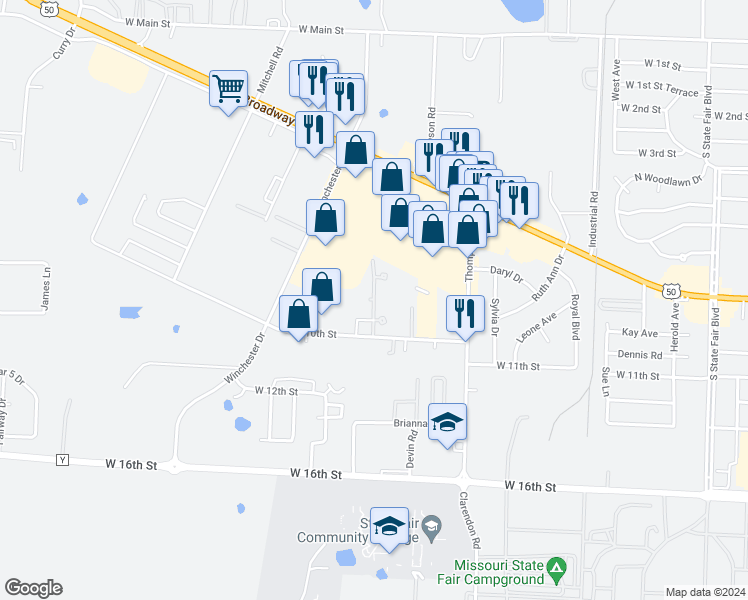 map of restaurants, bars, coffee shops, grocery stores, and more near 921 Olsen Road in Sedalia