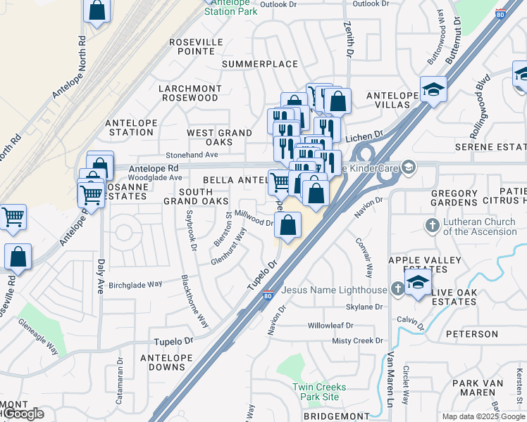 map of restaurants, bars, coffee shops, grocery stores, and more near 6324 Millwood Drive in Citrus Heights