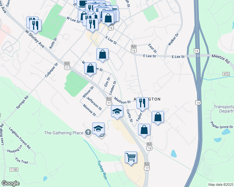 map of restaurants, bars, coffee shops, grocery stores, and more near 130 Madison Street in Warrenton