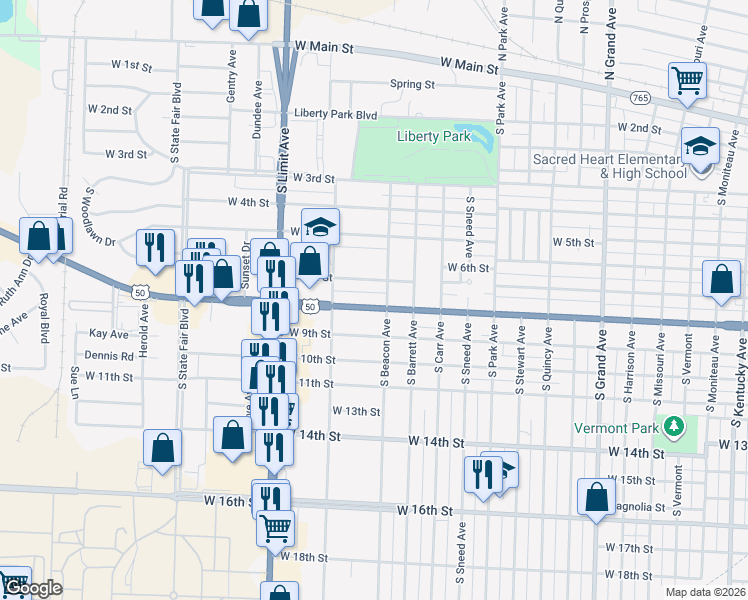 map of restaurants, bars, coffee shops, grocery stores, and more near 800-898 South Beacon Avenue in Sedalia