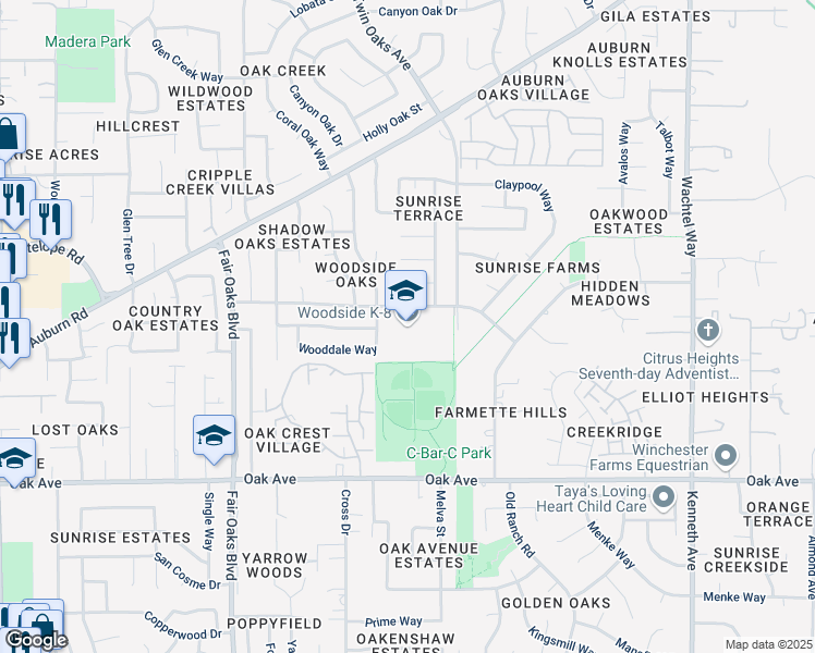 map of restaurants, bars, coffee shops, grocery stores, and more near 8248 Villa Oak Drive in Citrus Heights