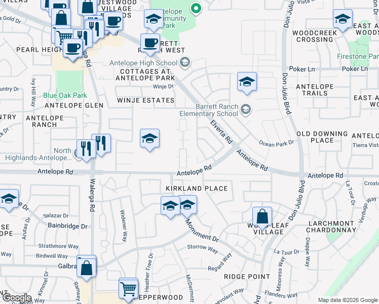 map of restaurants, bars, coffee shops, grocery stores, and more near 4635 Antelope Road in Antelope