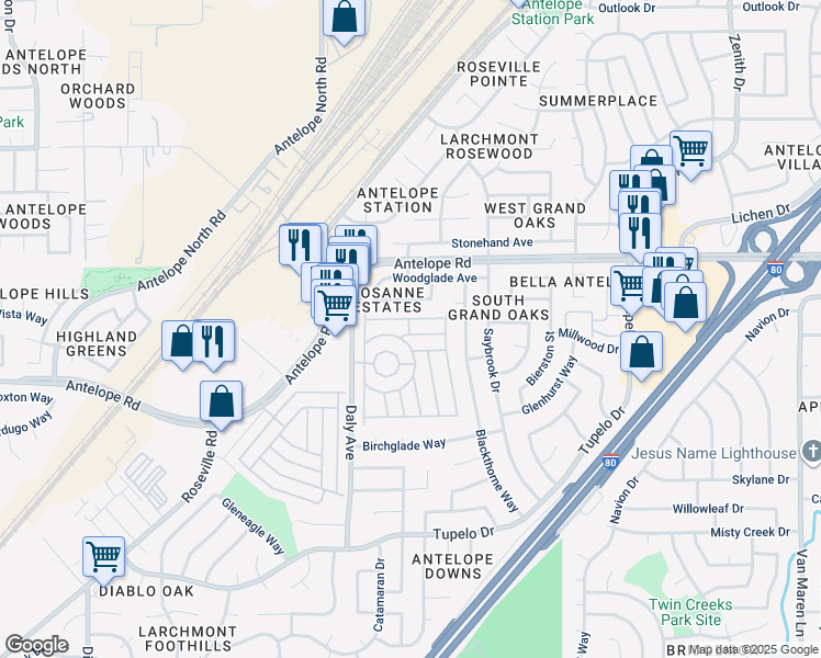 map of restaurants, bars, coffee shops, grocery stores, and more near 5925 Mallard Lane in Citrus Heights