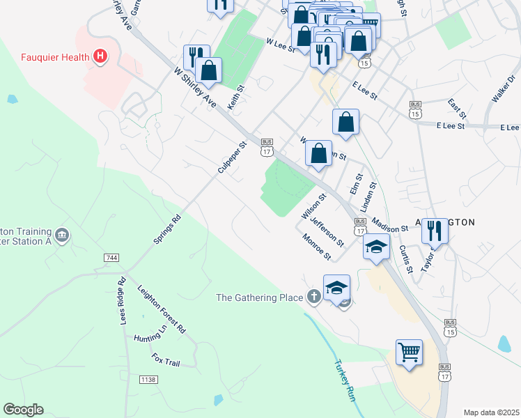 map of restaurants, bars, coffee shops, grocery stores, and more near 99 Brookshire Drive in Warrenton