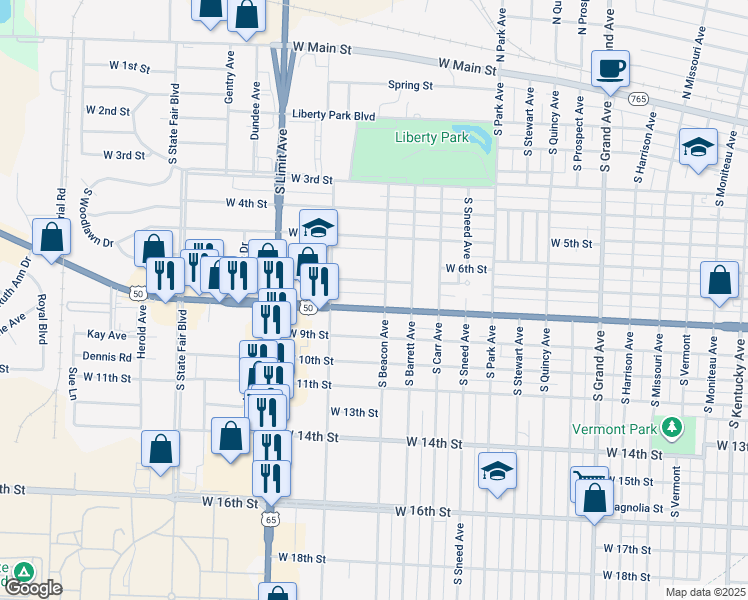 map of restaurants, bars, coffee shops, grocery stores, and more near 800-898 South Beacon Avenue in Sedalia
