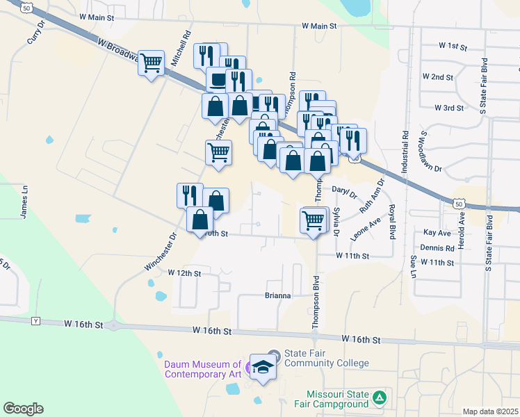 map of restaurants, bars, coffee shops, grocery stores, and more near 3132 West 10th Street in Sedalia